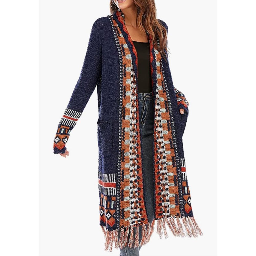Navy Blue Multicolor Aztec Tribal Print Knit Long Cardigan Duster Kimono Sweater - Picture 5 of 8